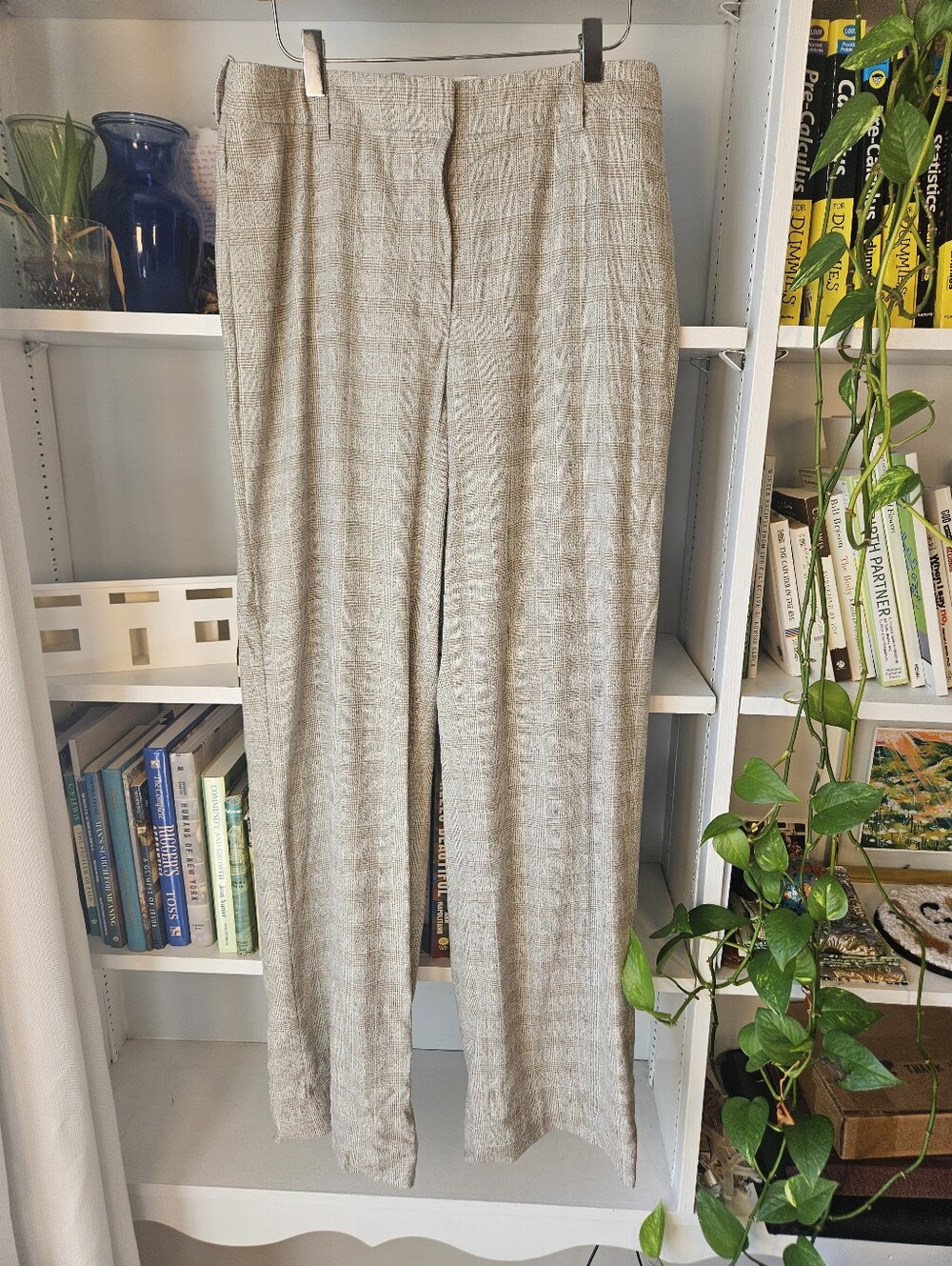Lafayette 148 Neutral Plaid Wide-Leg Women's Trousers Size 12 Virgin Wool Blend